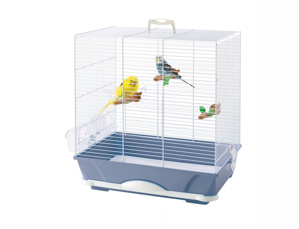 Cage Primo 40 pour petits oiseaux (canaris, petits oiseaux exotiques, petites perruches) bien équipée et pratique - bleue - 46x32x48cm